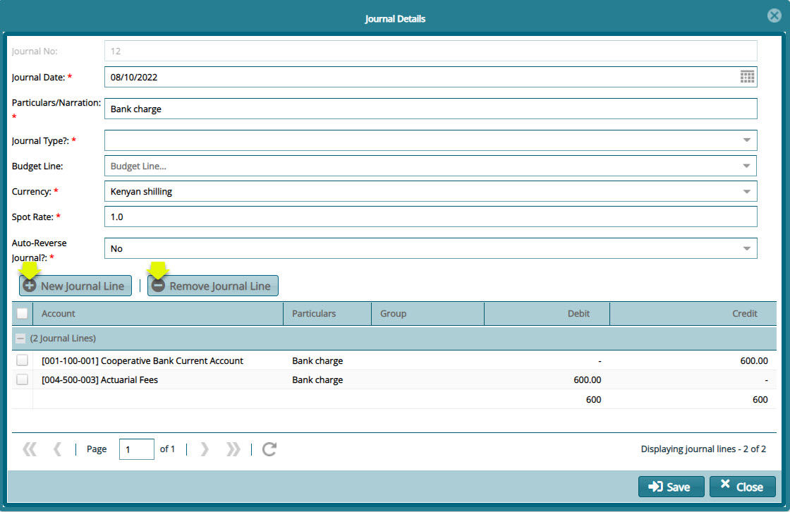 New Journal details Dialog box window