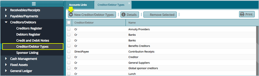 Creditor/Debtor Types