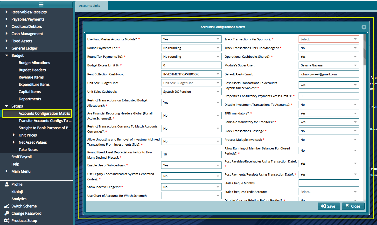 Setups menu