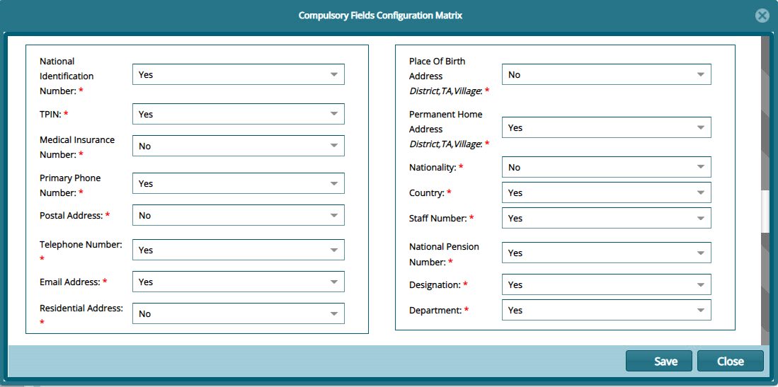 Compulsory Fields Configuration Matrix