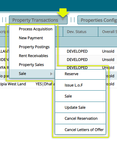 property transaction menu