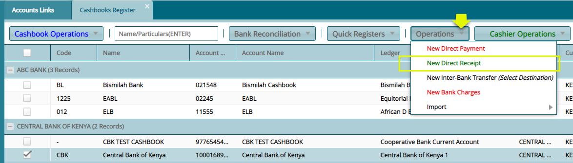 cashbook register with new direct receipt link