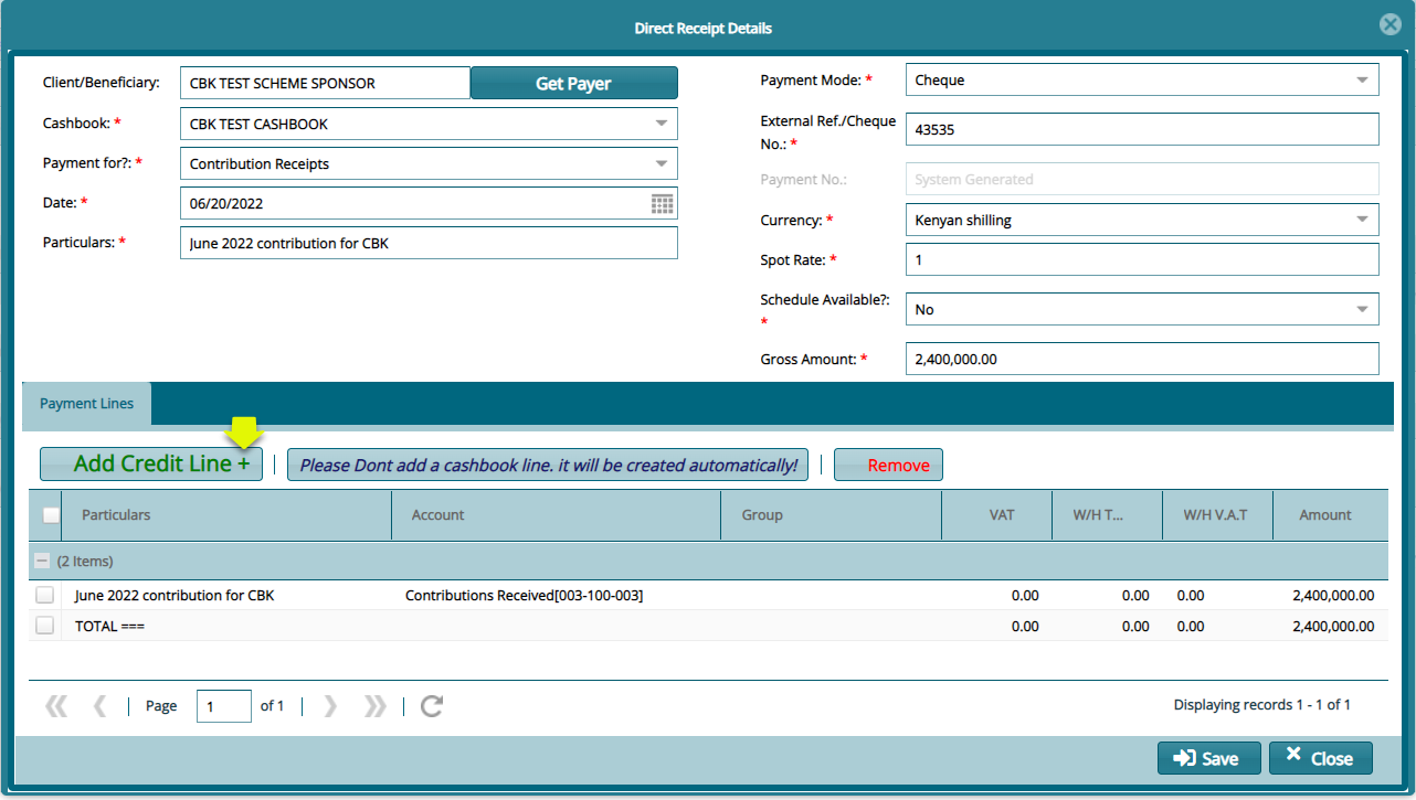 direct receipt details dialog box