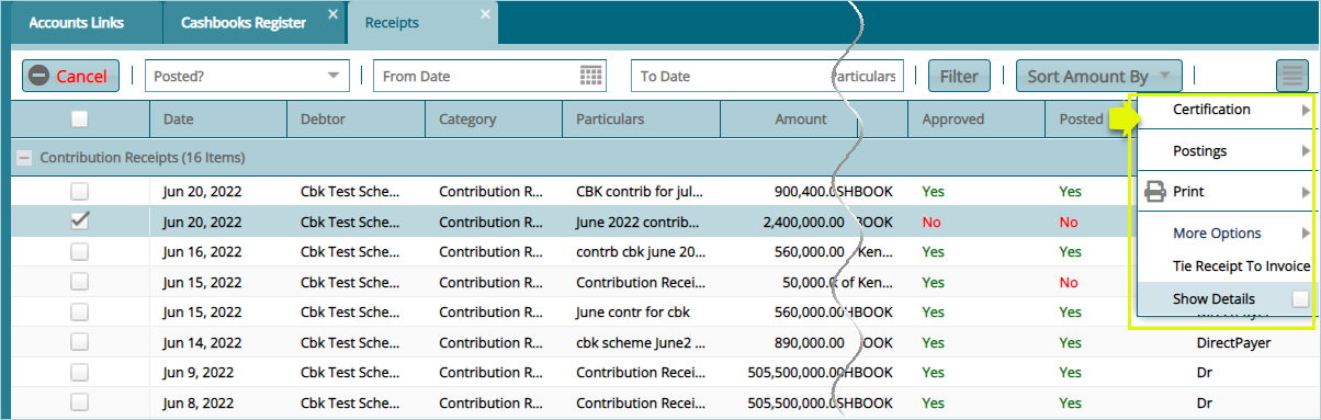 receipt line dialog box