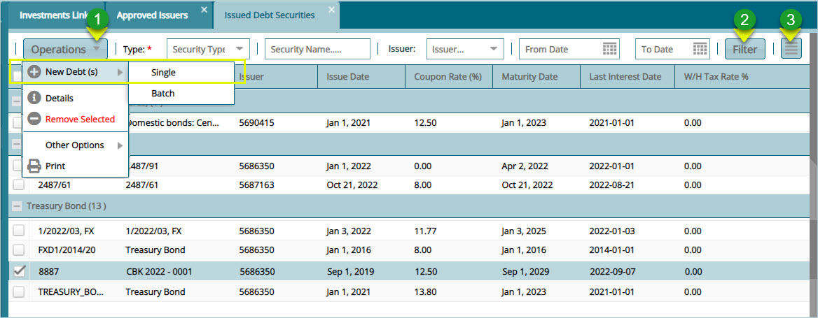 Issues Debt securities window