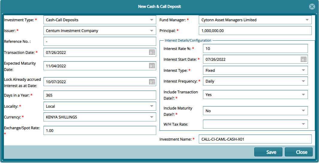 new Cash & Call dialog box