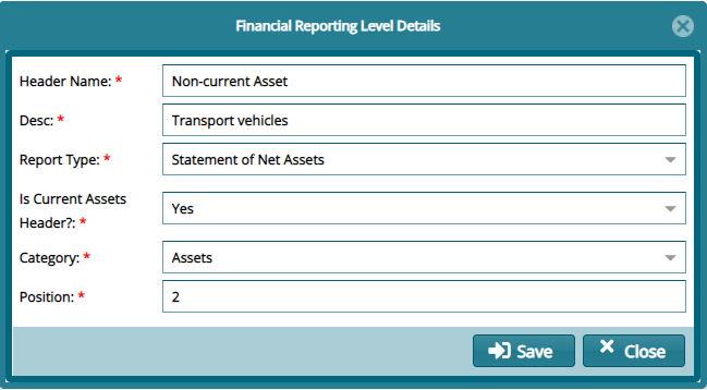 Financial Reporting Levels form