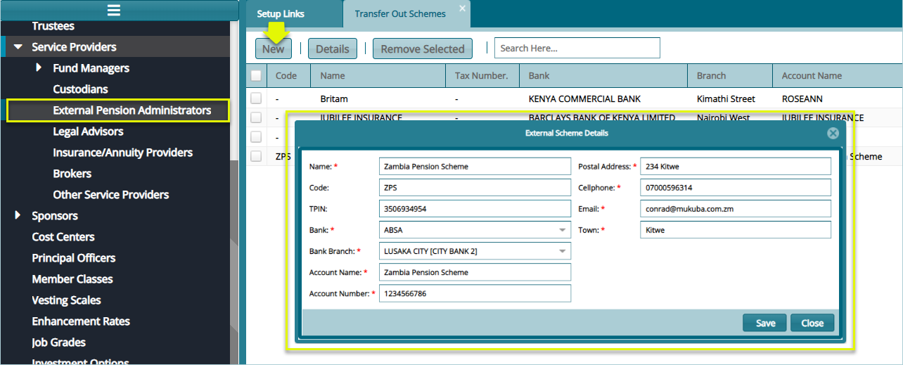 cExternal Pension Administrators menu