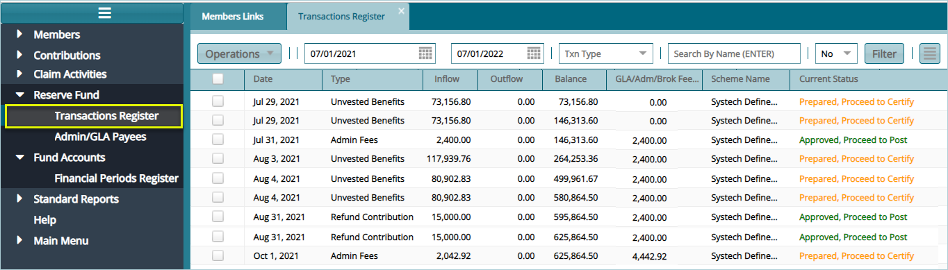 Transactions Register